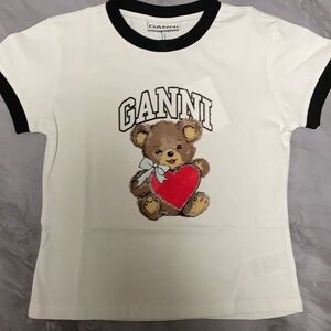 Ganni White Ringer Tee Teddy Bear with heart NWT Cute Retro streetwear size smal